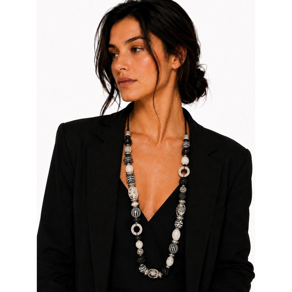 Chicos Black White Silver Beaded Statement Necklace 22 Inch Long Cord Eclectic - Picture 1 of 11